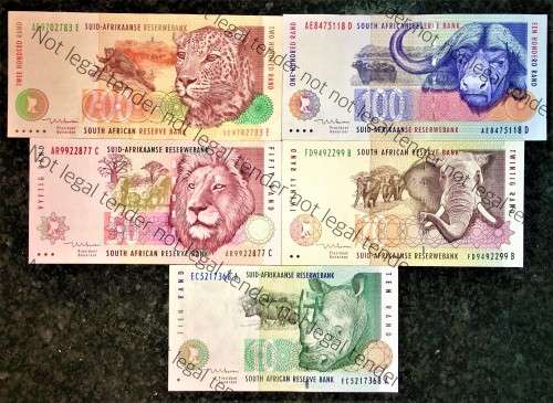COMPLETE SET OF TT MBOWENI R200 TO R10 FIRST ISSUE 1999/2004 UNC-AUNC (ANIMALS WTM) 1 BID TAKES ALL