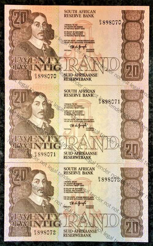 TW DE JONGH R20 IN SEQUENCE D3 /898070-072 UNC+ 4TH ISSUE 1978 NOT EASY TO GET IN SEQ(1BID TAKES ALL