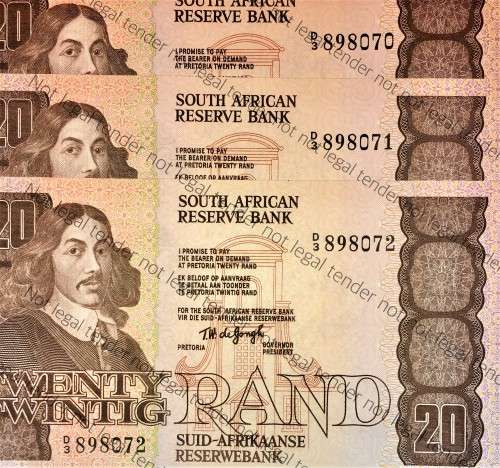 TW DE JONGH R20 IN SEQUENCE D3 /898070-072 UNC+ 4TH ISSUE 1978 NOT EASY TO GET IN SEQ(1BID TAKES ALL