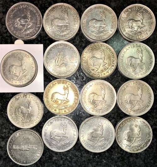 S A UNION SILVER SET 5 SHILLINGS 1947,48,49,50,51,52,53,1954,55,56,57,58,60,61,63,1964 SILVER CROWNS