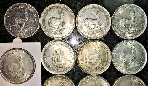 S A UNION SILVER SET 5 SHILLINGS 1947,48,49,50,51,52,53,1954,55,56,57,58,60,61,63,1964 SILVER CROWNS