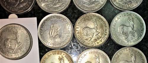 S A UNION SILVER SET 5 SHILLINGS 1947,48,49,50,51,52,53,1954,55,56,57,58,60,61,63,1964 SILVER CROWNS