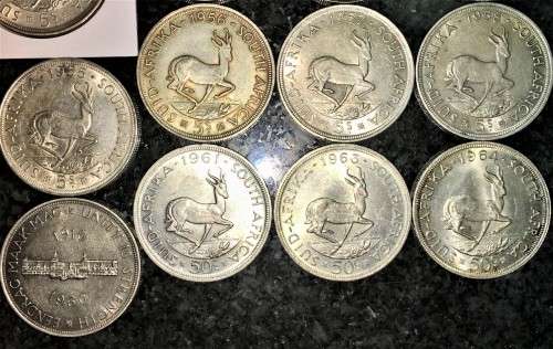S A UNION SILVER SET 5 SHILLINGS 1947,48,49,50,51,52,53,1954,55,56,57,58,60,61,63,1964 SILVER CROWNS