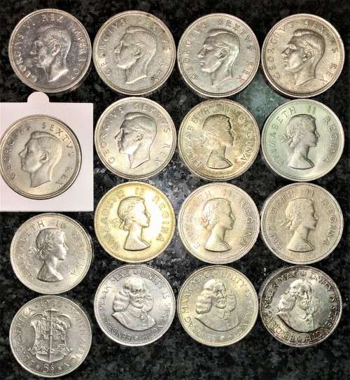 S A UNION SILVER SET 5 SHILLINGS 1947,48,49,50,51,52,53,1954,55,56,57,58,60,61,63,1964 SILVER CROWNS