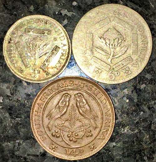 S A UNION SILVER SET 3D THREEPENCE TICKEY, 6D SIXPENCE & 1/4D --1943 --80%SILVER