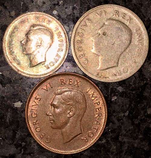 S A UNION SILVER SET 3D THREEPENCE TICKEY, 6D SIXPENCE & 1/4D --1943 --80%SILVER