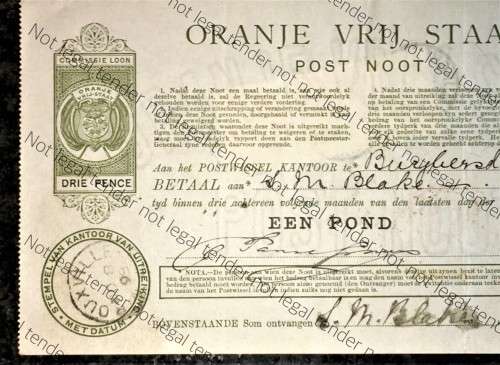 ORANJE VRIJ STAAT POST NOOT WTM 1 POUND STAMPED OUXVILLE & BURGHERSDORP 1898 CAPE OF GOOD HOPE STAMP