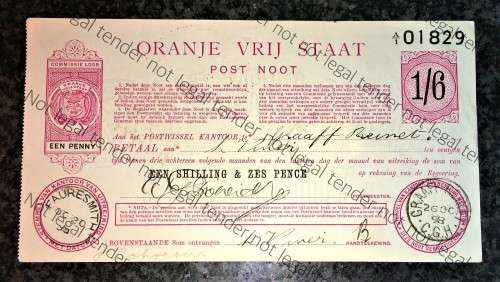 ORANJE VRIJ STAAT POST NOOT WTM 1 SHILLING & ZES PENCE STAMPED FAURESMITH & GRAAFREINET - 1898