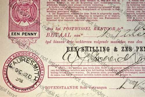 ORANJE VRIJ STAAT POST NOOT WTM 1 SHILLING & ZES PENCE STAMPED FAURESMITH & GRAAFREINET - 1898