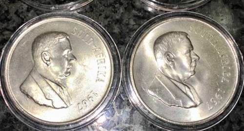 SOUTH AFRICA SILVER SET R1 --1967 BOTH ENGLISH & AFRIKAANS HIGHER GRADE IN CAPSULE SILVER 80%