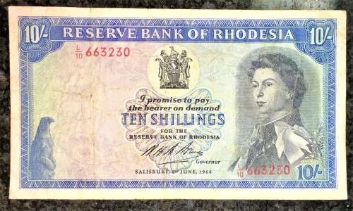 RHODESIA 10 SHILLINGS 1ST JUNE 1966  SALISBURY  C.J. RHODES WATERMARK