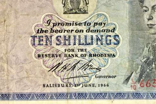 RHODESIA 10 SHILLINGS 1ST JUNE 1966  SALISBURY  C.J. RHODES WATERMARK