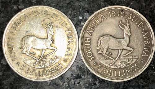 S A UNION SILVER 5 SHILLINGS 1948 & 1949 CROWN SILVER 80%(1 BID TAKES ALL)