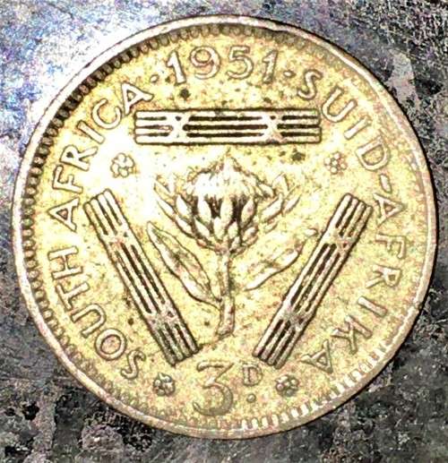 S A UNION SILVER 3D THREEPENCE TICKEY --1951 --