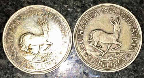 S A UNION SILVER SET 5 SHILLINGS 1948 & 1949  --80% SILVER CROWNS(1 BID TAKES ALL))
