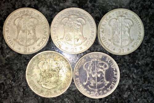 S A UNION SILVER SET  5 X  2 SHILLINGS 1952, 1954, 1957 & 1963 20CENT SILVER (1 BID TAKES ALL)