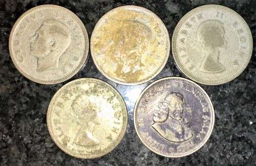 S A UNION SILVER SET  5 X  2 SHILLINGS 1952, 1954, 1957 & 1963 20CENT SILVER (1 BID TAKES ALL)