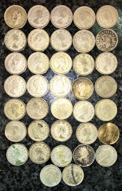 S A UNION SILVER SET 37 X 3D TICKEY  1951 - 1958 SILVER THREEPENCE (1 BID TAKES ALL)