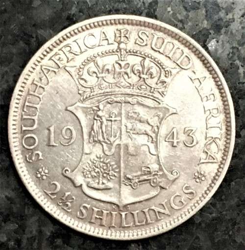 S A UNION SILVER 2 1/2 SHILLING 1943 SILVER 80% GOOD CONDITION