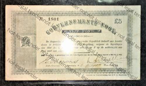 Z.A.R PRETORIA 5 POUND GOVERNMENT NOOT 29-05-1900 STAR PATTERN NO1801 STATEPRINTER OF Z.A. REPUBLIEK