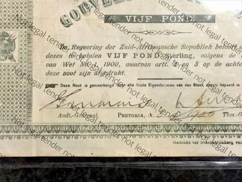 Z.A.R PRETORIA 5 POUND GOVERNMENT NOOT 29-05-1900 STAR PATTERN NO1801 STATEPRINTER OF Z.A. REPUBLIEK