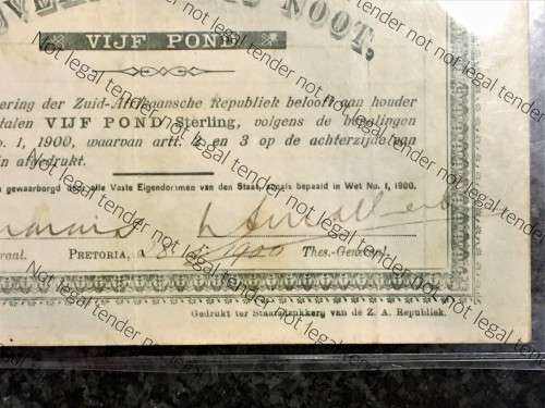 Z.A.R PRETORIA 5 POUND GOVERNMENT NOOT 29-05-1900 STAR PATTERN NO1801 STATEPRINTER OF Z.A. REPUBLIEK