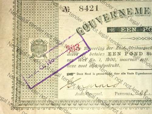 Z.A.R PRETORIA 1 POUND GOVERNMEN NOOT 29-05-1900 STAMPED CJC393 NO8421 STATEPRINTER OF Z.A.REPUBLIEK