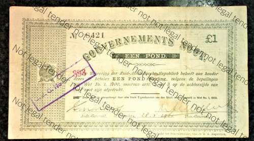 Z.A.R PRETORIA 1 POUND GOVERNMEN NOOT 29-05-1900 STAMPED CJC393 NO8421 STATEPRINTER OF Z.A.REPUBLIEK