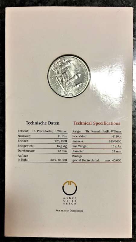 AUSTRIA SILVER 10 EURO 2004 SPECIAL UNC MINTAGE ONLY 40,000 SILVER ,925 IN LOVELY INFO FOLDER