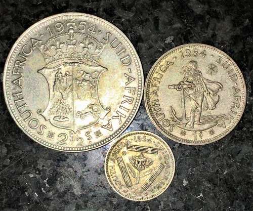 S A UNION  SILVER SET 2 1/2 SHILLINGS, 1 SHILLING & 3D TICKEY 1954 -- (1 BID TAKES ALL)