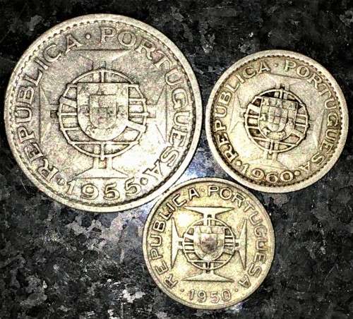 MOZAMBIQUE/PORTUGAL SILVER SET 20 ESCUDOS 1955, 5 ESCUDOS 1960 & 2 1/2 ESCUDOS 1950 -- SILVER .720