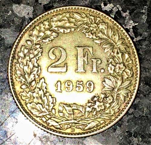SWITZERLAND HELVETIA 2 FRANC 1959 SILVER .835 GOOD CONDITION