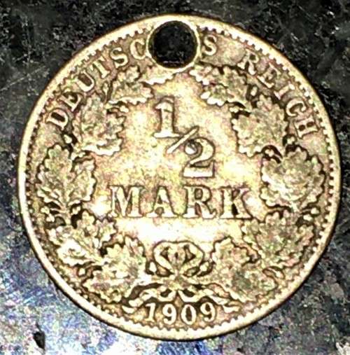 GERMANY 1/2 MARK 1909 -- SILVER .900