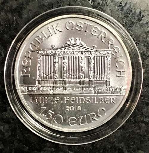 AUSTRIA SIVLER 1.50 EURO 1OZ PURE SILVER .999 VIENNA PHILHARMONIC 2018 BU COMES WITH CAPSULE