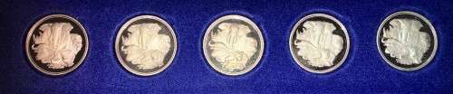 THE BIG 5 PROOF 1OZeach FINE SILVER SET LOVELY BLUE TONING IN BLUE LEATHER BOX 5 x Pure silver 1 oz