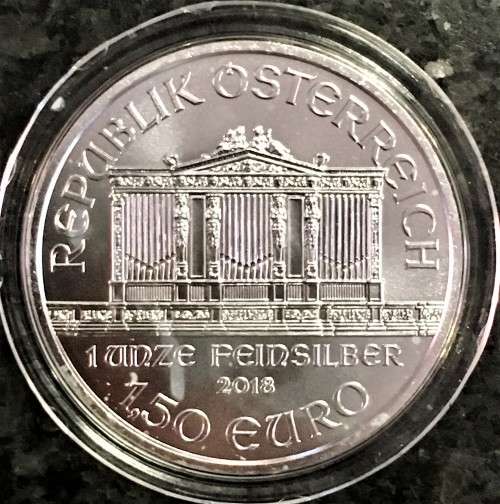 AUSTRIA SILVER 1.50 EURO 1OZ PURE SILVER .999 VIENNA PHILHARMONIC 2018 BU COMES WITH CAPSULE