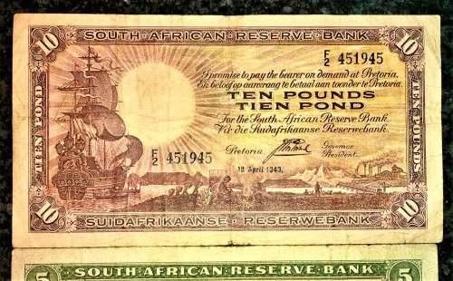 J.POSTMUS SET 10 POUND 1943 F2 - 5 POUND 1937 B12  & 10 SHILLING 1941 SAILING SHIP WTM E/A 1ST ISSUE