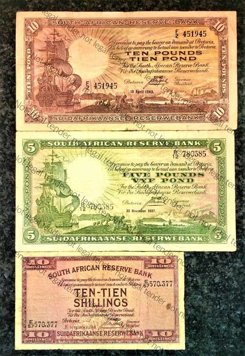 J.POSTMUS SET 10 POUND 1943 F2 - 5 POUND 1937 B12  & 10 SHILLING 1941 SAILING SHIP WTM E/A 1ST ISSUE