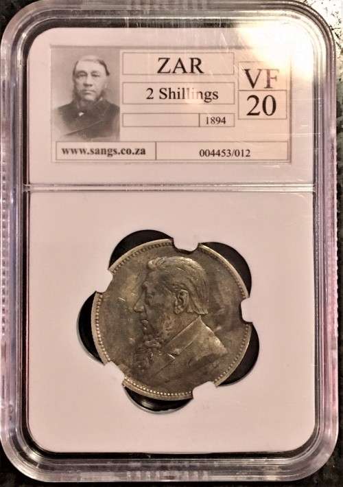 Z A R GRADED  2 SHILLING VF20  -1894 SANGS GRADED