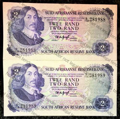 TW DE JONGH R2 IN SEQUENCE D114/ 281988-989 UNC A/E 2ND ISSUE 1974 SPRINGBUCK WTM(1 BID TAKES ALL)