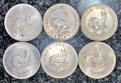 S A UNION SILVER SET 5 SHILLING 1953,1955 1956 ,1961,1962 & 1963 GOOD CONDITION  SILVER CROWNS