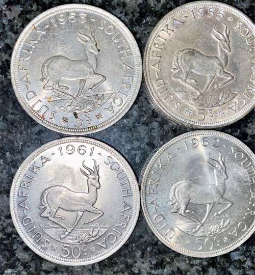 S A UNION SILVER SET 5 SHILLING 1953,1955 1956 ,1961,1962 & 1963 GOOD CONDITION  SILVER CROWNS