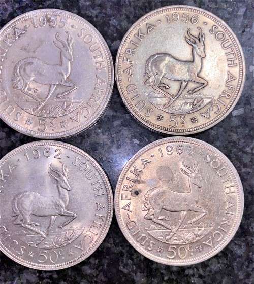 S A UNION SILVER SET 5 SHILLING 1953,1955 1956 ,1961,1962 & 1963 GOOD CONDITION  SILVER CROWNS