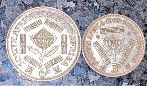 S A UNION SILVER SET 6D SIXPENCE & 3D THREEPENCE TICKEY 1950 --  80% SILVER(1 BID TAKES ALL)