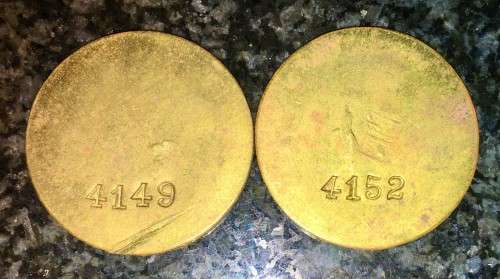 BRINK BROTHERS SET CLOSE IN SEQUENCE 2 SHILLING MONTAGU 4149 & 4152 BRASS TOKENS(1 BID TAKES ALL)