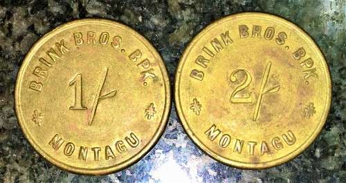 BRINK BROTHERS SET 2 SHILLING & 1 SHILLING MONTAGU 3813 & 5147 BRASS TOKENS(1 BID TAKES ALL)