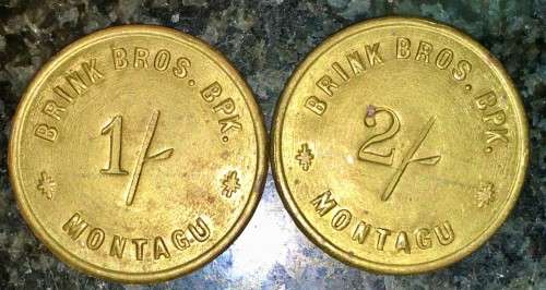 BRINK BROTHERS SET 2 SHILLING & 1 SHILLING MONTAGU 4217 & 6449 BRASS TOKENS(1 BID TAKES ALL)