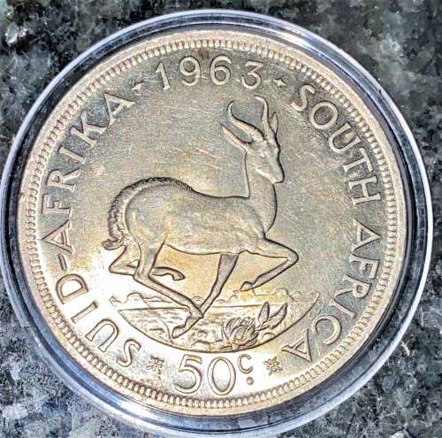 R S A SILVER 50 CENT 1963 --  VERY GOOD GOOD CONDITION SILVER CROWN SIZE IN CAPSULE
