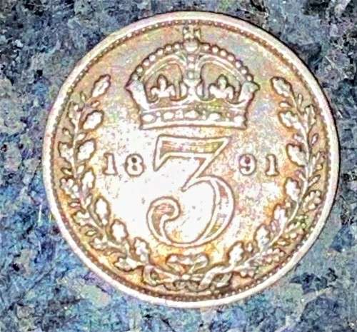 GREAT BRITAIN SILVER 3 PENCE 1891 GOOD CONDITION 92.50% SILVER