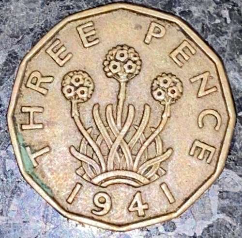 GREAT BRITAIN BRASS 3D THREEPENCE 1941